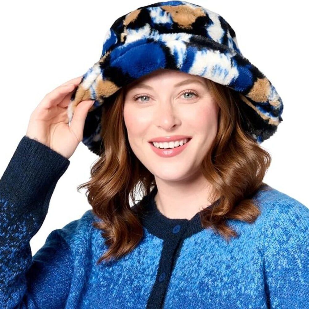 Sherpa faux fur bucket hat adjustable blue/black color